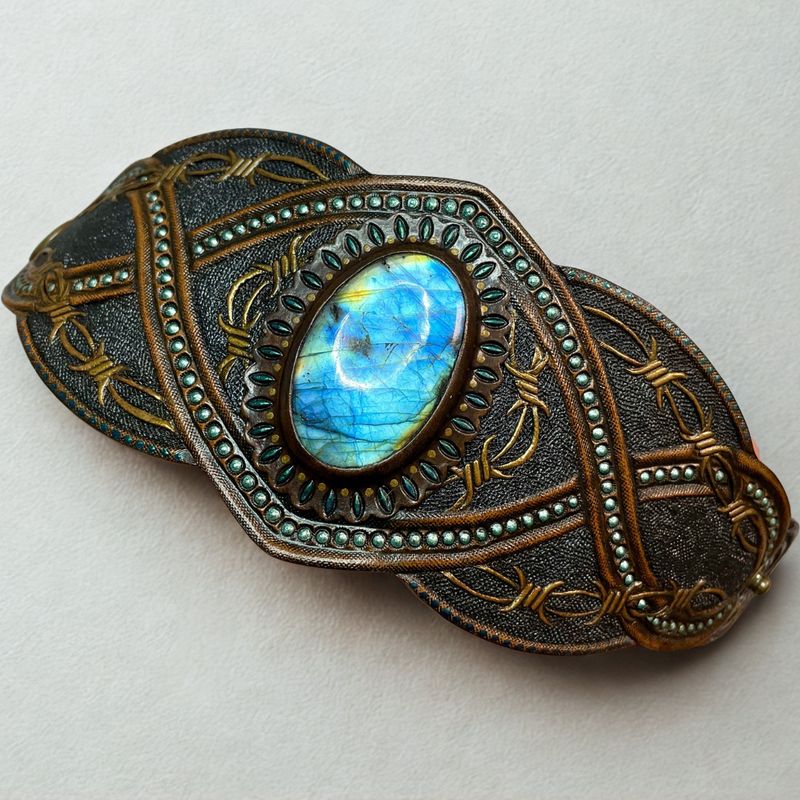 Tooled Leather Cuff Bracelet with Labradorite and Carved Barbed Wire
