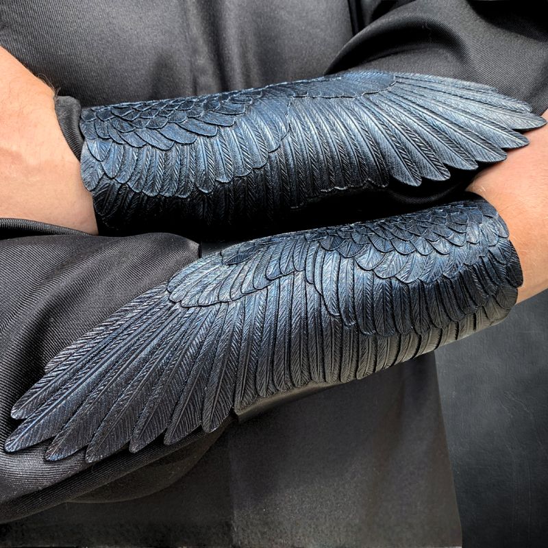 Tooled Leather Raven Wing Bracers: Cosplay Armguards with Iridescent Sheen