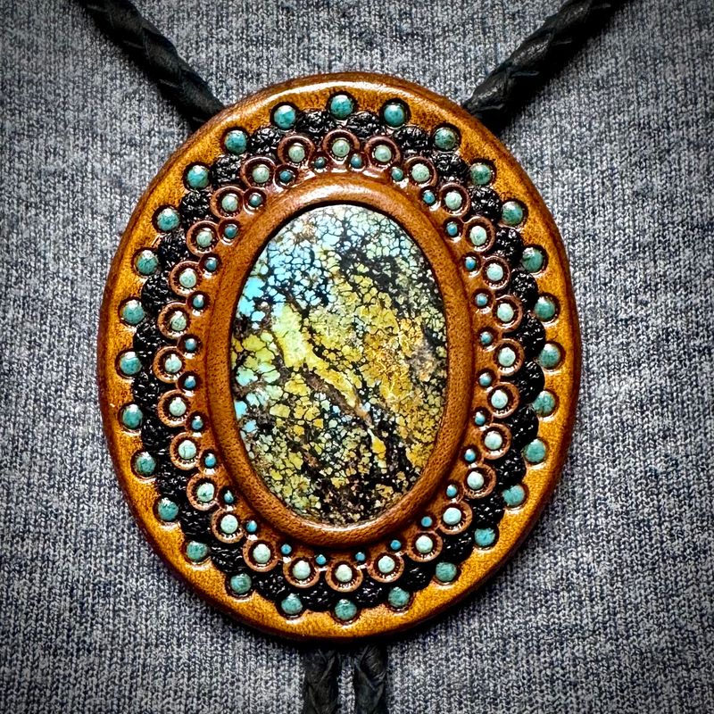 Tooled Leather Bolo Tie with Turquoise