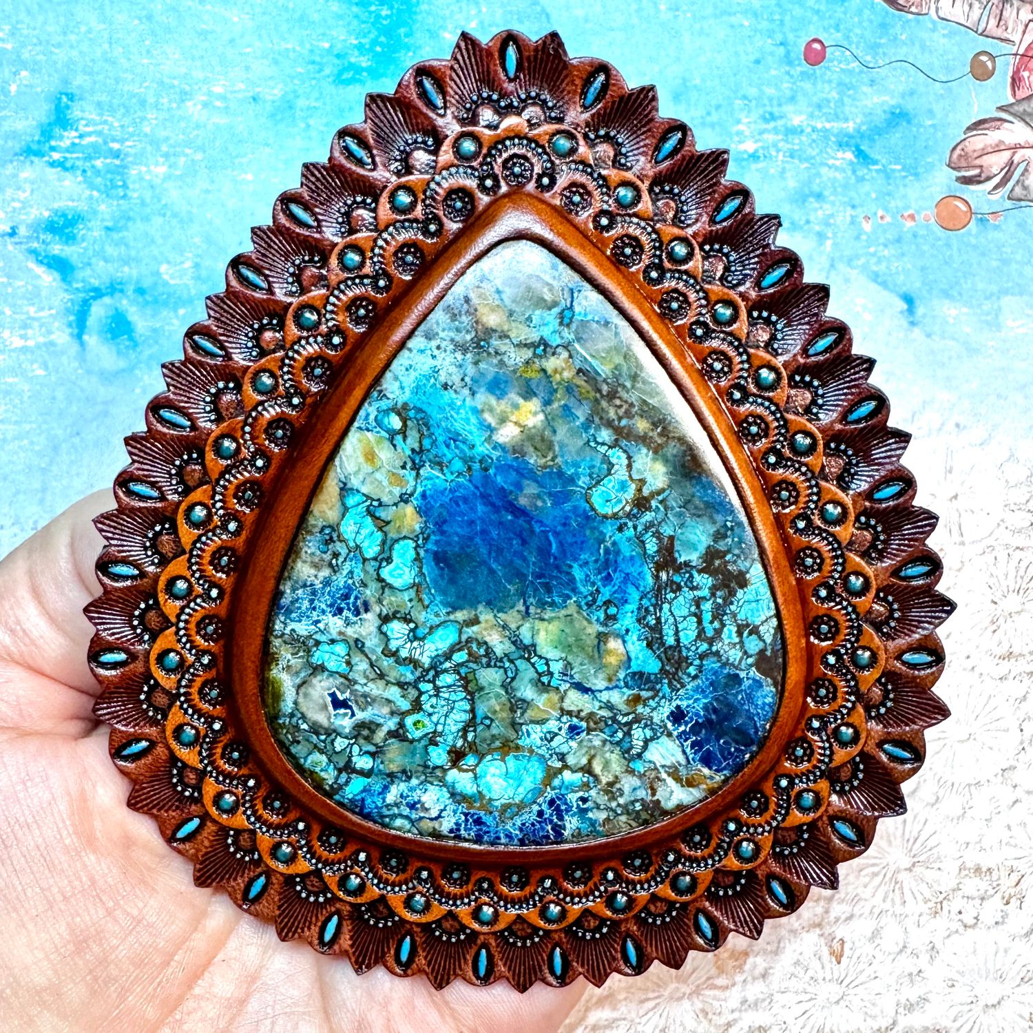 Huge Tooled Leather Concho: Shattuckite Cabochon Bag Accessory