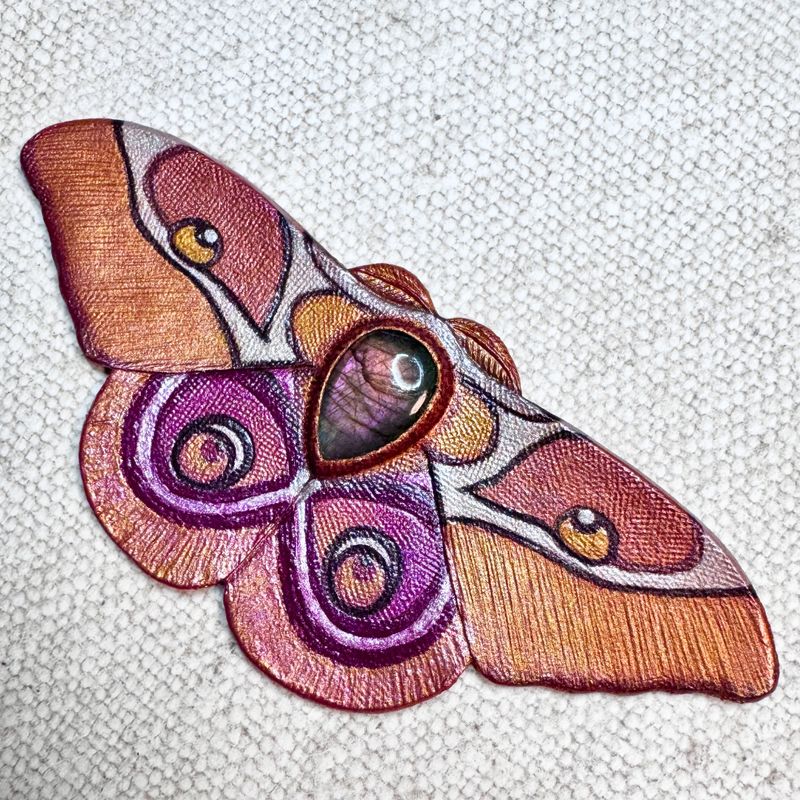 Tooled Leather Life-Like Madagascan Emperor Moth Applique / Patch with Purple Labradorite
