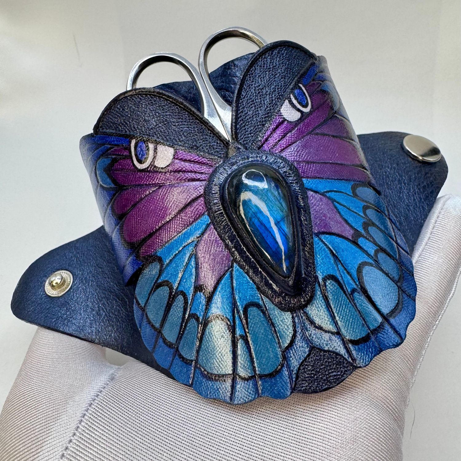Tooled Leather Butterfly Scissors Sheath Bracelet with Labradorite
