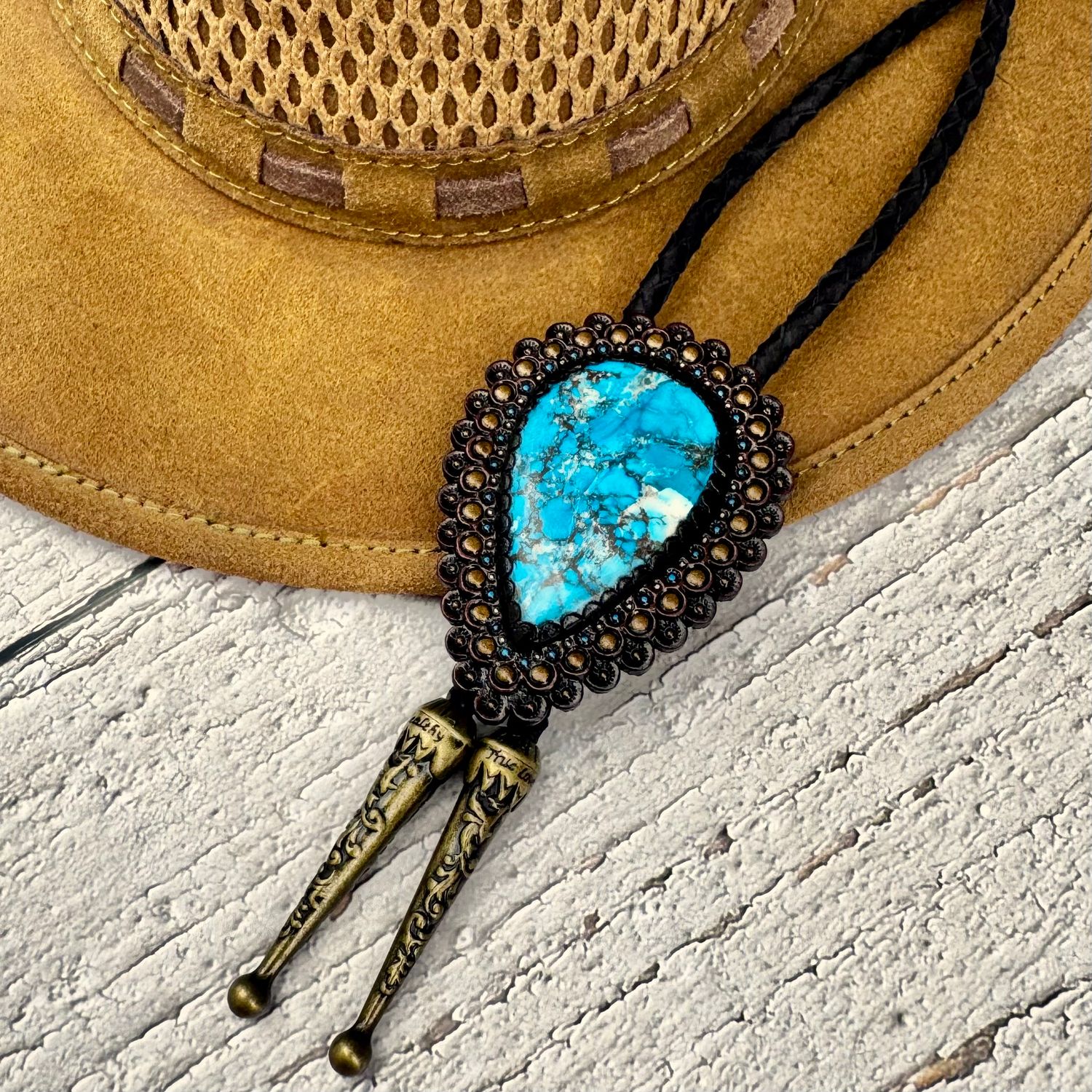 Hand Tooled Leather Bolo Tie with Turquoise, Western Style