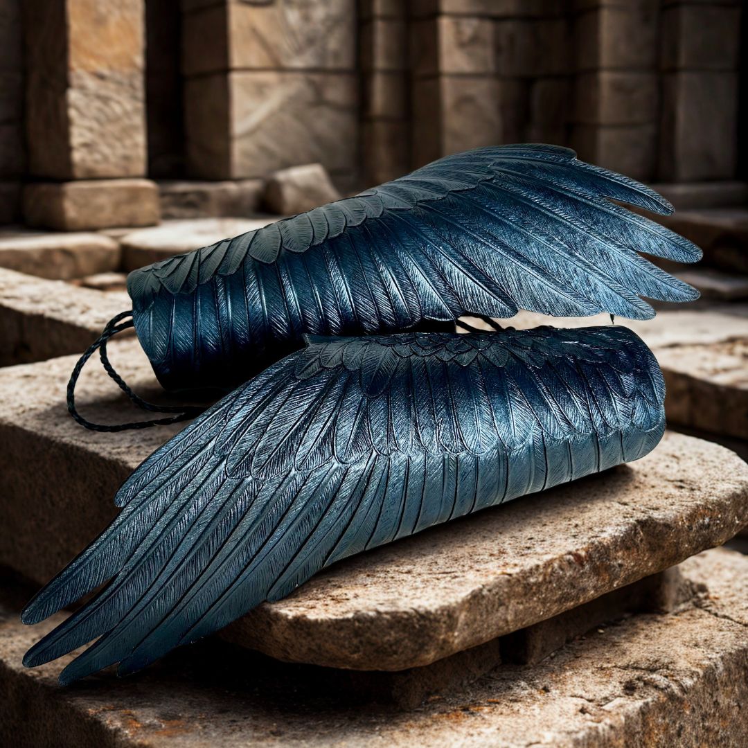 Pair of Tooled Leather Raven Wings Bracers with Metallic Sheen