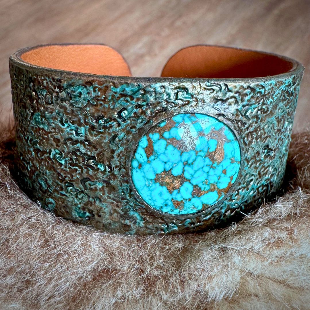 Rustic Tooled Leather Bracelet with Turquoise