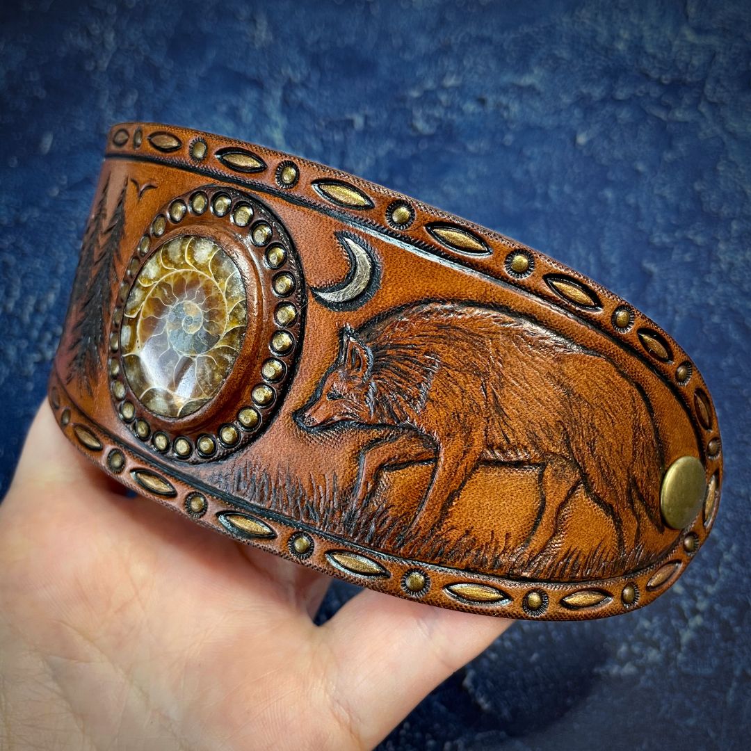 Hand Tooled Leather Cuff Bracelet: Wolf, Forest &amp; Ammonite