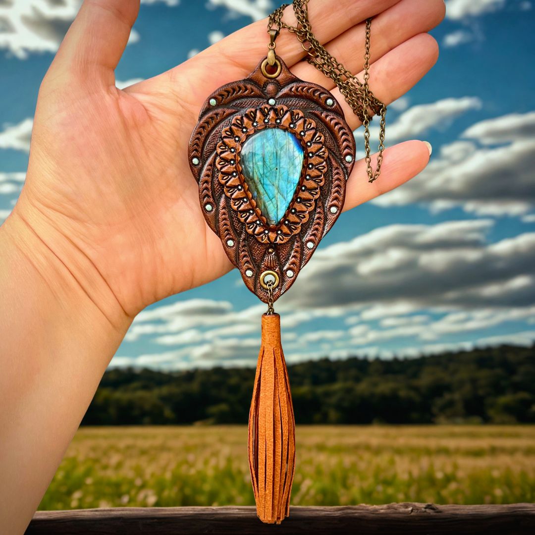 Handmade Tooled Leather Labradorite Pendant
