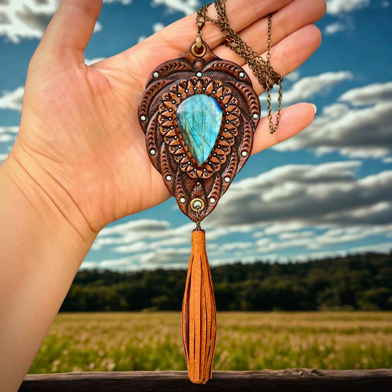 Handmade Tooled Leather Labradorite Pendant