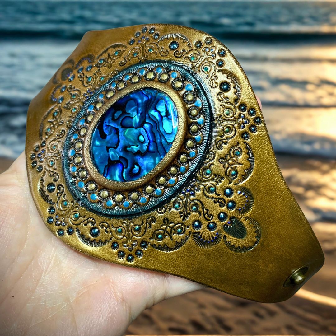 Hand Tooled Leather Cuff Bracelet with Abalone &amp; Bronze Sheen