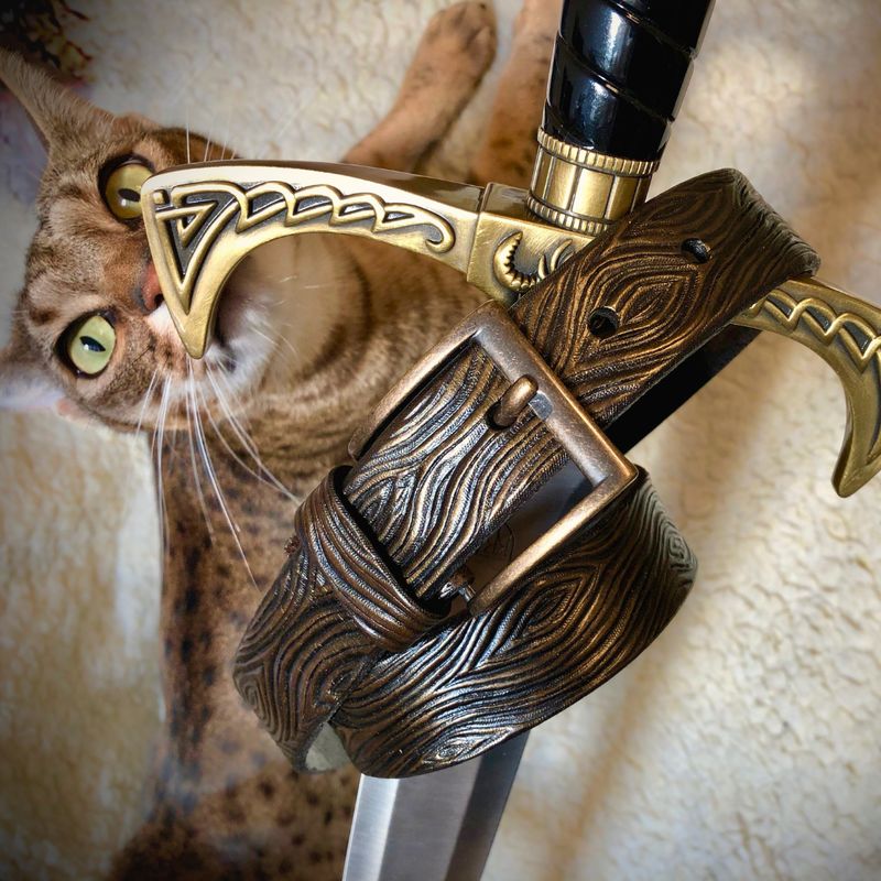 Tooled Leather Unisex Belt with Wooden Pattern and Metallic Bronze Sheen