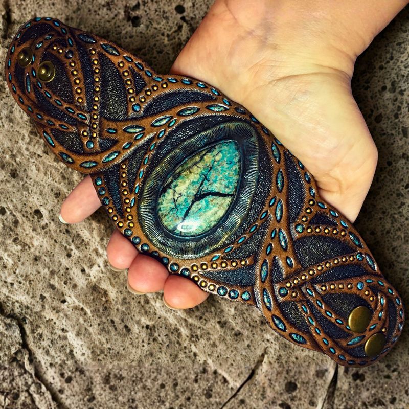 Tooled Leather Cuff Bracelet with Turquoise-Chrysocolla, Boho Style