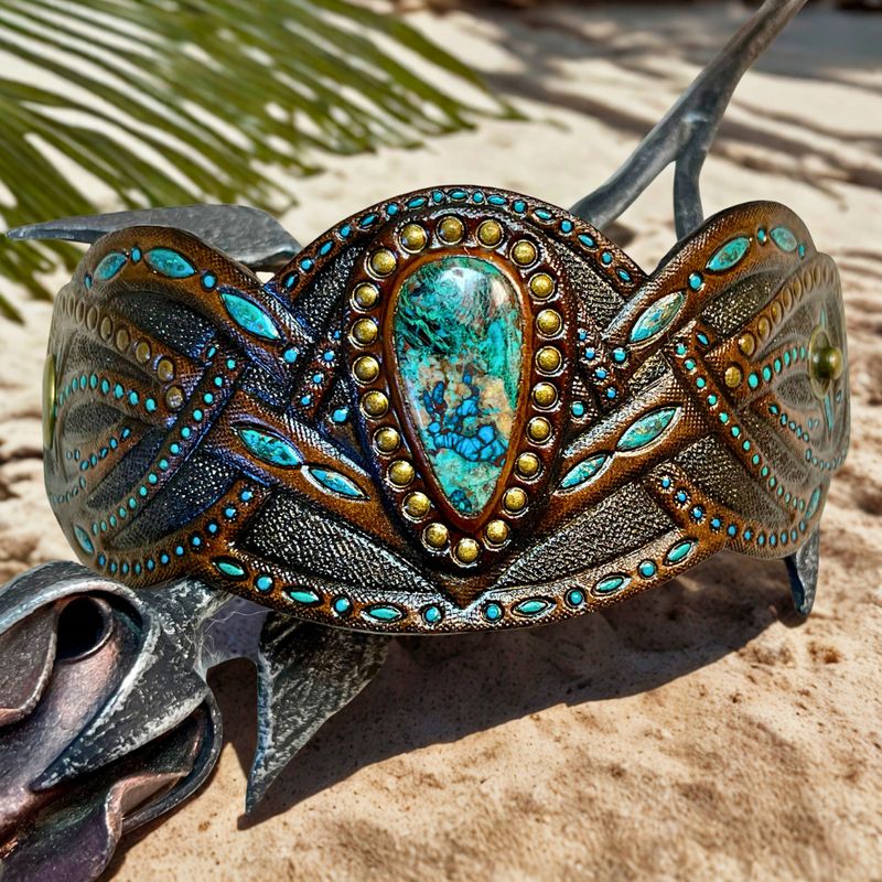 Tooled Leather Cuff Bracelet with Chrysocolla