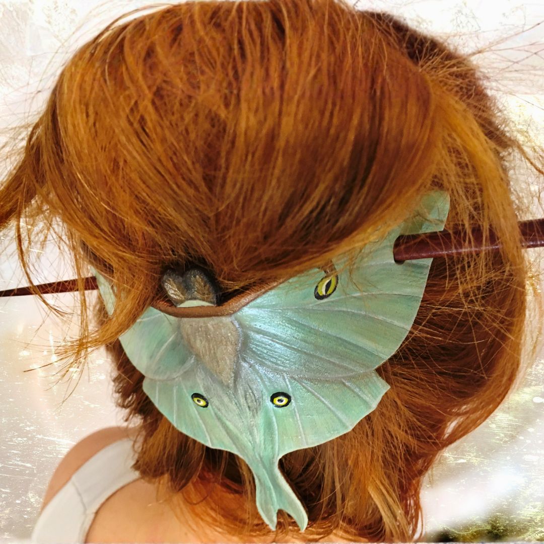 Large Tooled Leather Luna Moth Hair Barrette with a Stick