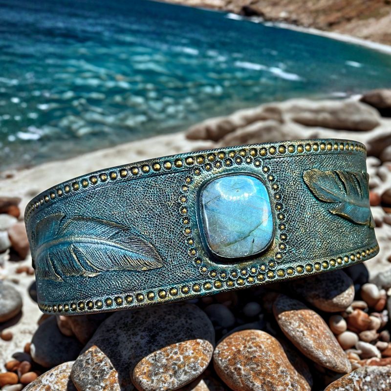 Tooled Leather Cuff Bracelet with Blue Labradorite &amp; Carved 3D Feathers