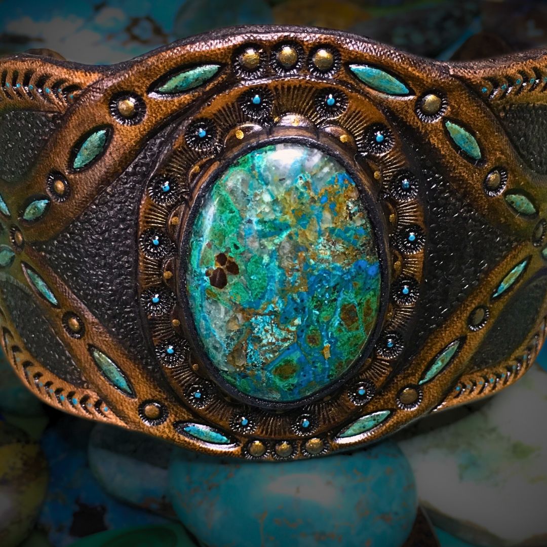 Tooled Leather Cuff Bracelet with Chrysocolla