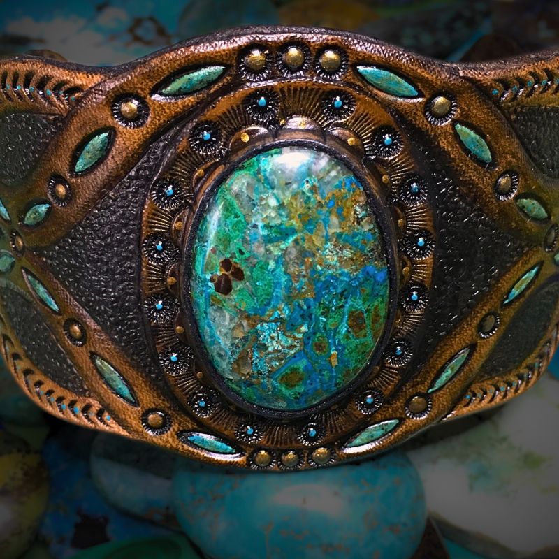 Tooled Leather Cuff Bracelet with Chrysocolla