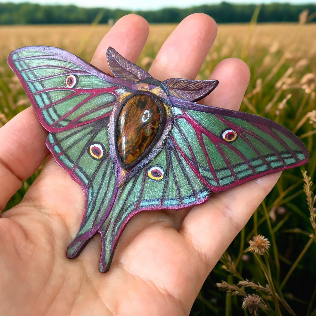 Tooled Leather Spanish Luna Moth Hair Barrette with Fire Pietersite