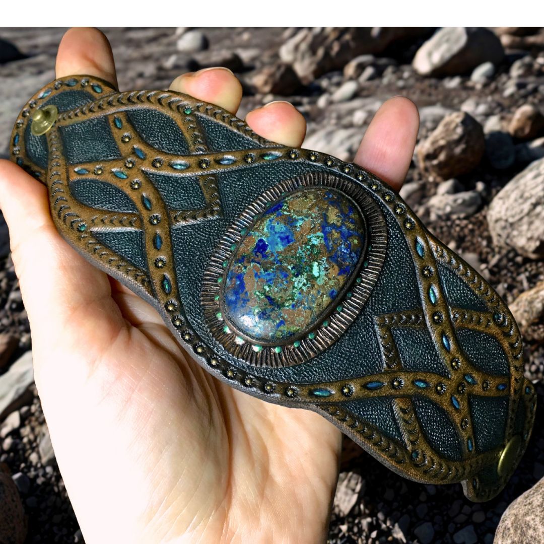 Tooled Leather Cuff Bracelet with Azurite