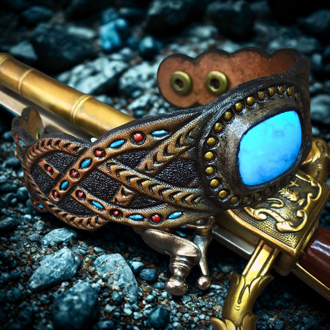 Tooled Leather Bracelet with Turquoise, Boho Style
