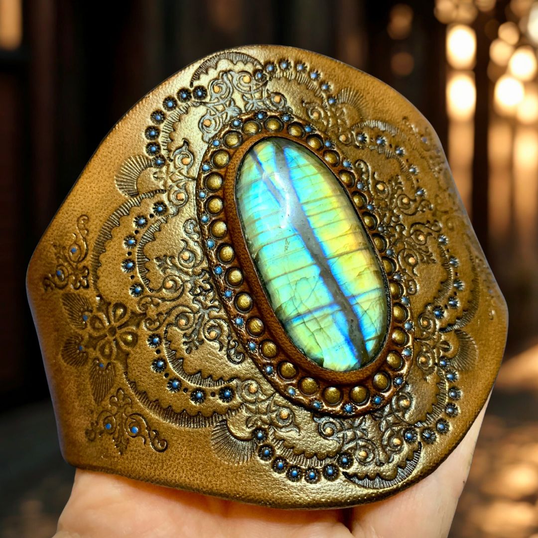 Tooled Leather Steampunk Cuff Bracelet with Labradorite and Bronze Sheen