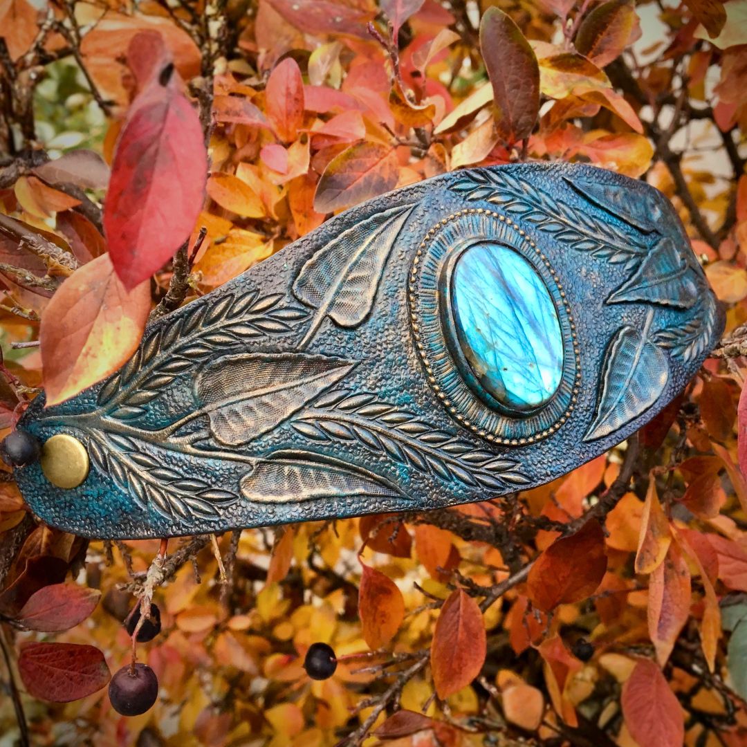 Tooled Leather Bracelet with Labradorite and 3D Leaves