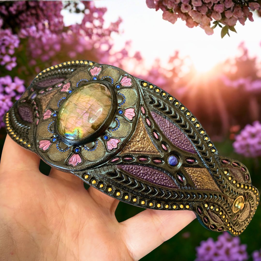Tooled Leather Cuff Bracelet with Labradorite, Boho Style