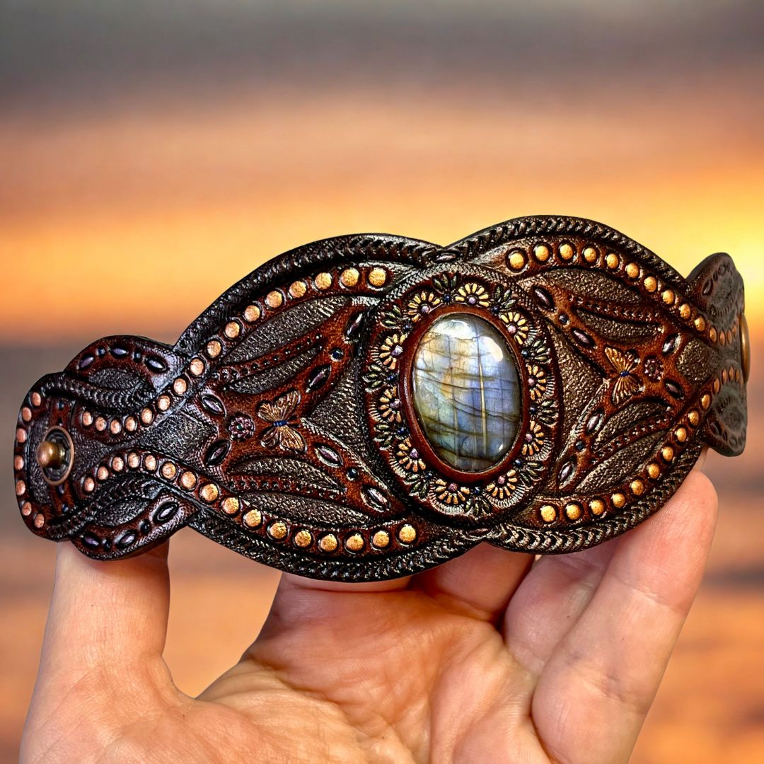 Tooled Leather Cuff Bracelet with Labradorite, Boho Style