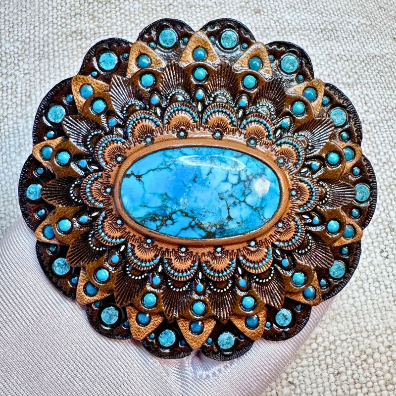 Tooled Leather Bolo Tie / Concho / Pendant with Turquoise