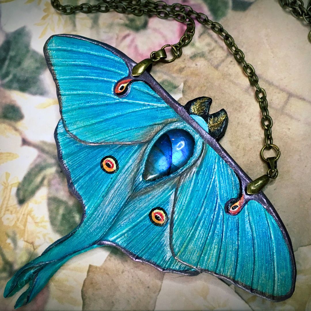 Handmade Tooled Leather Luna Moth Necklace with Blue Labradorite