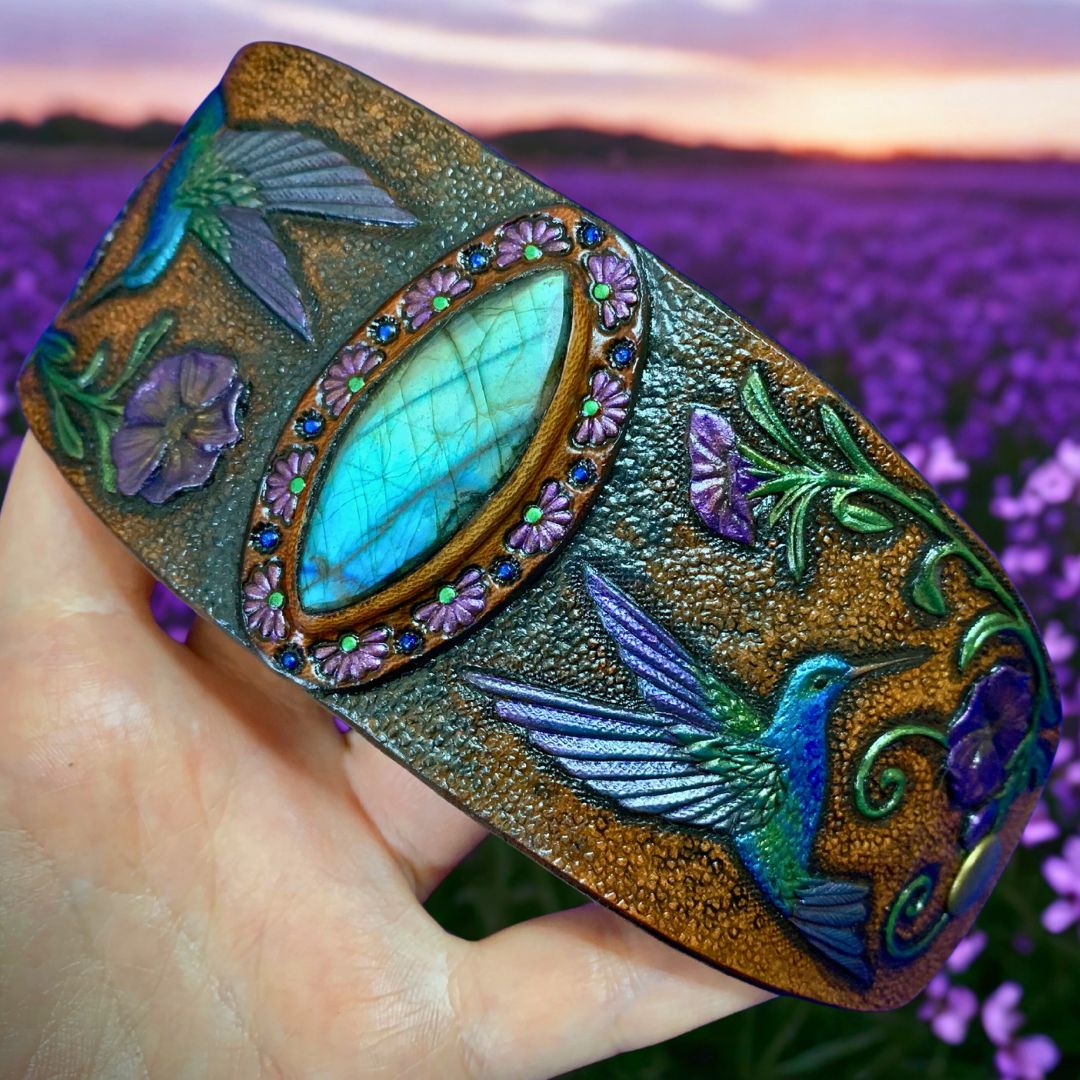 Tooled Leather Hummingbird Bracelet with Labradorite