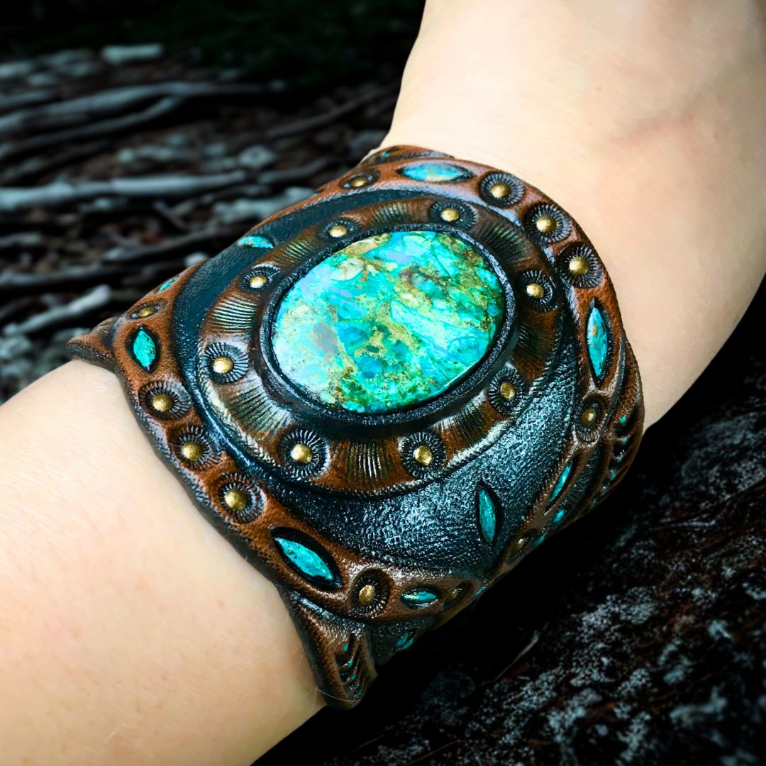 Tooled Leather Boho Bracelet with Chrysocolla