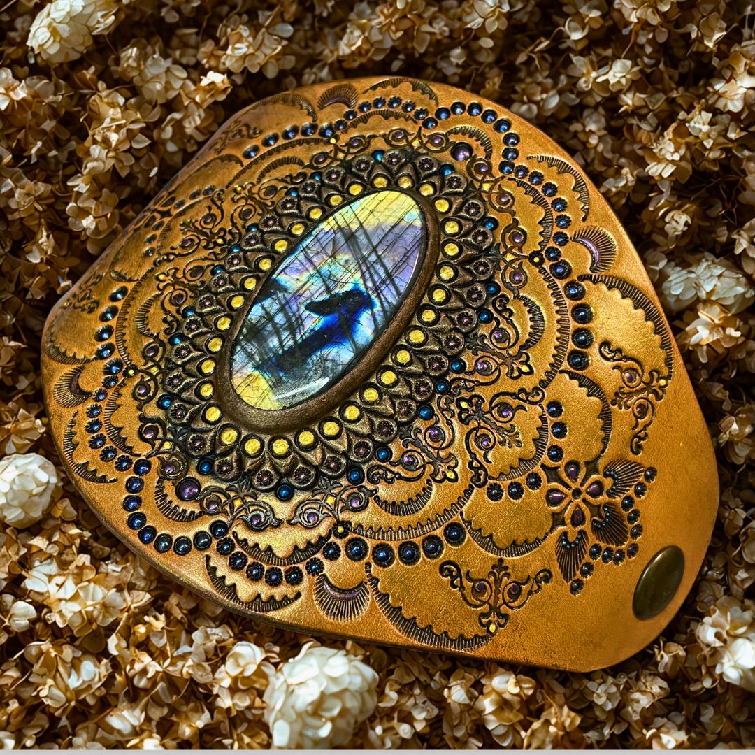 Tooled Leather Boho Bracelet with Rainbow  Labradorite and Bronze Sheen
