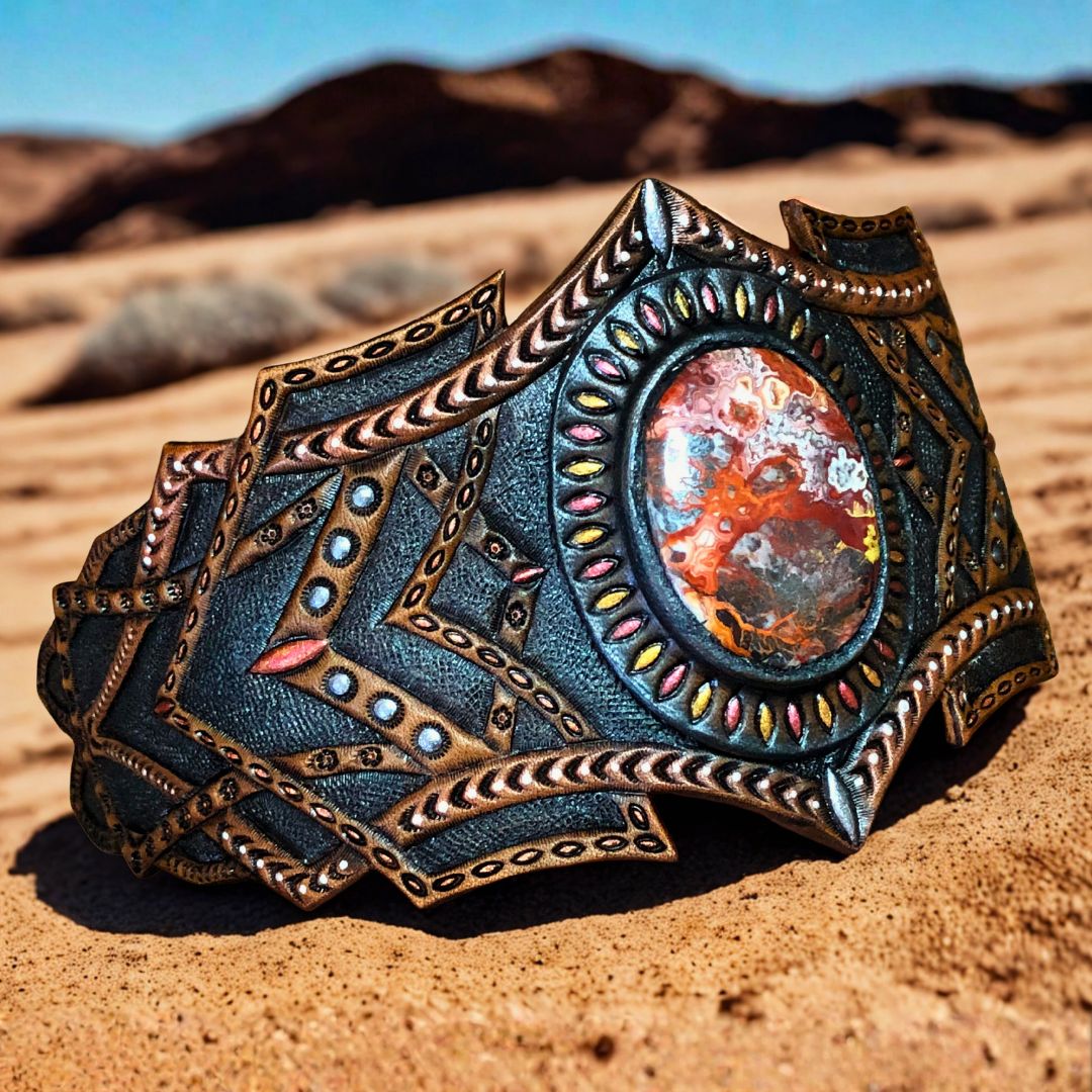 Tooled Leather Cuff Bracelet with Crazy Lace Agate