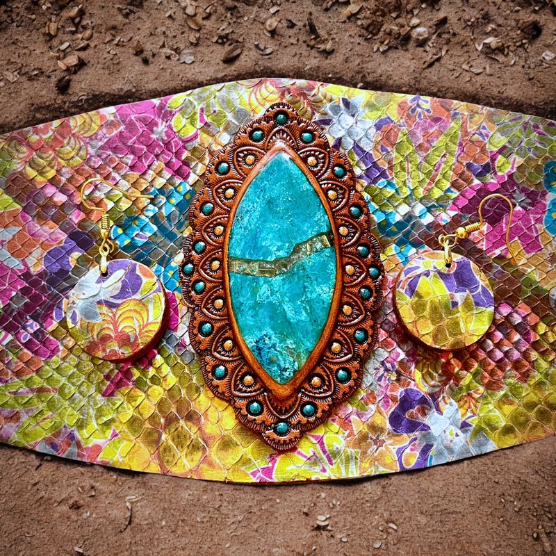 Snakeskin Bracelet and Earrings with Art-Modified Shattuckite Cabochon