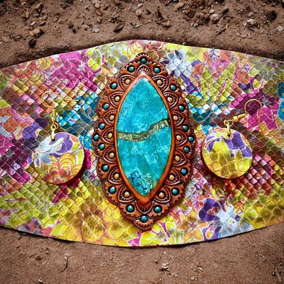 Snakeskin Bracelet and Earrings with Art-Modified Shattuckite Cabochon