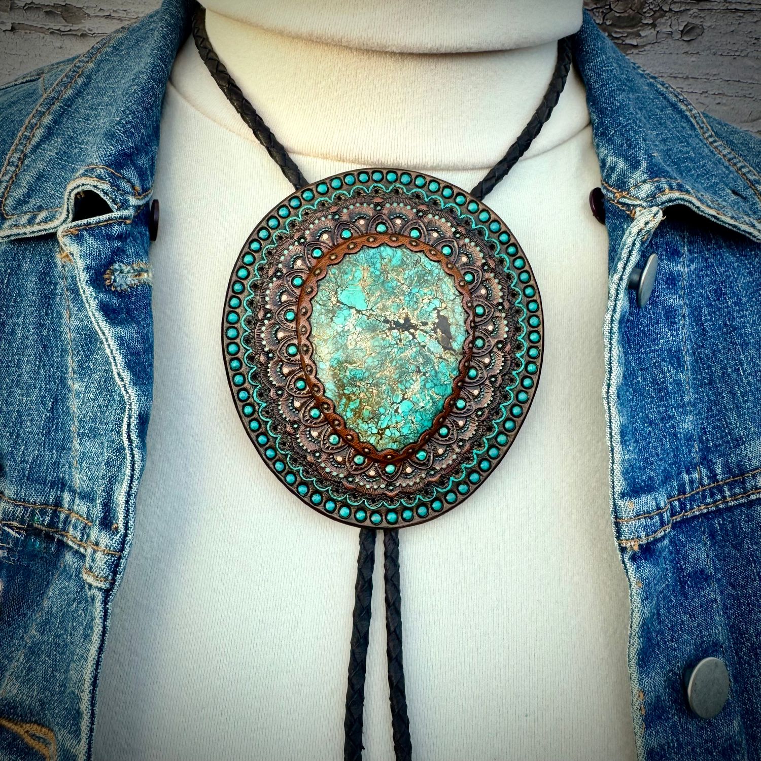 Hand Tooled Leather Bolo Tie with Turquoise, Western Style