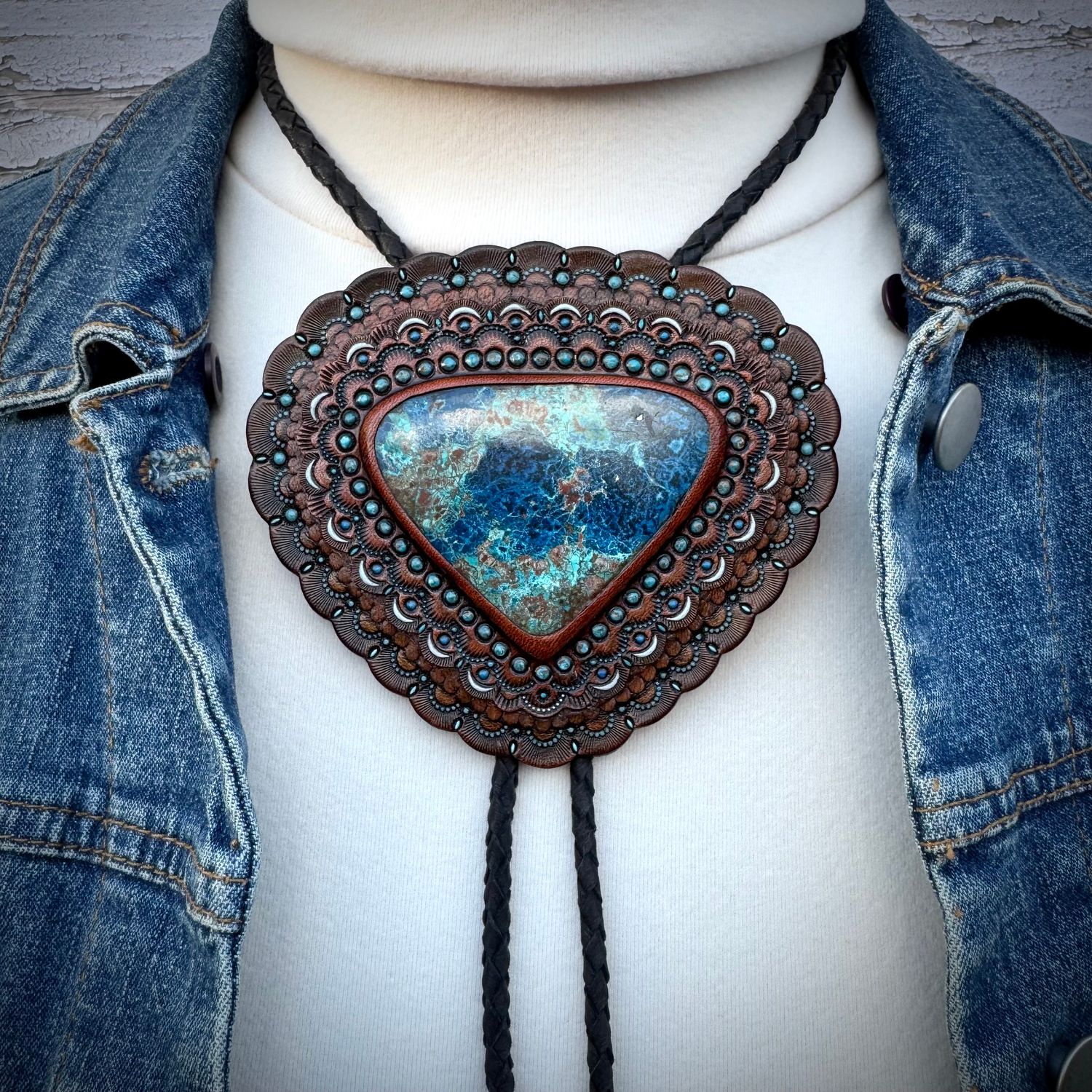 Hand Tooled Leather Boho Bolo Tie with Shattuckite, Western Style