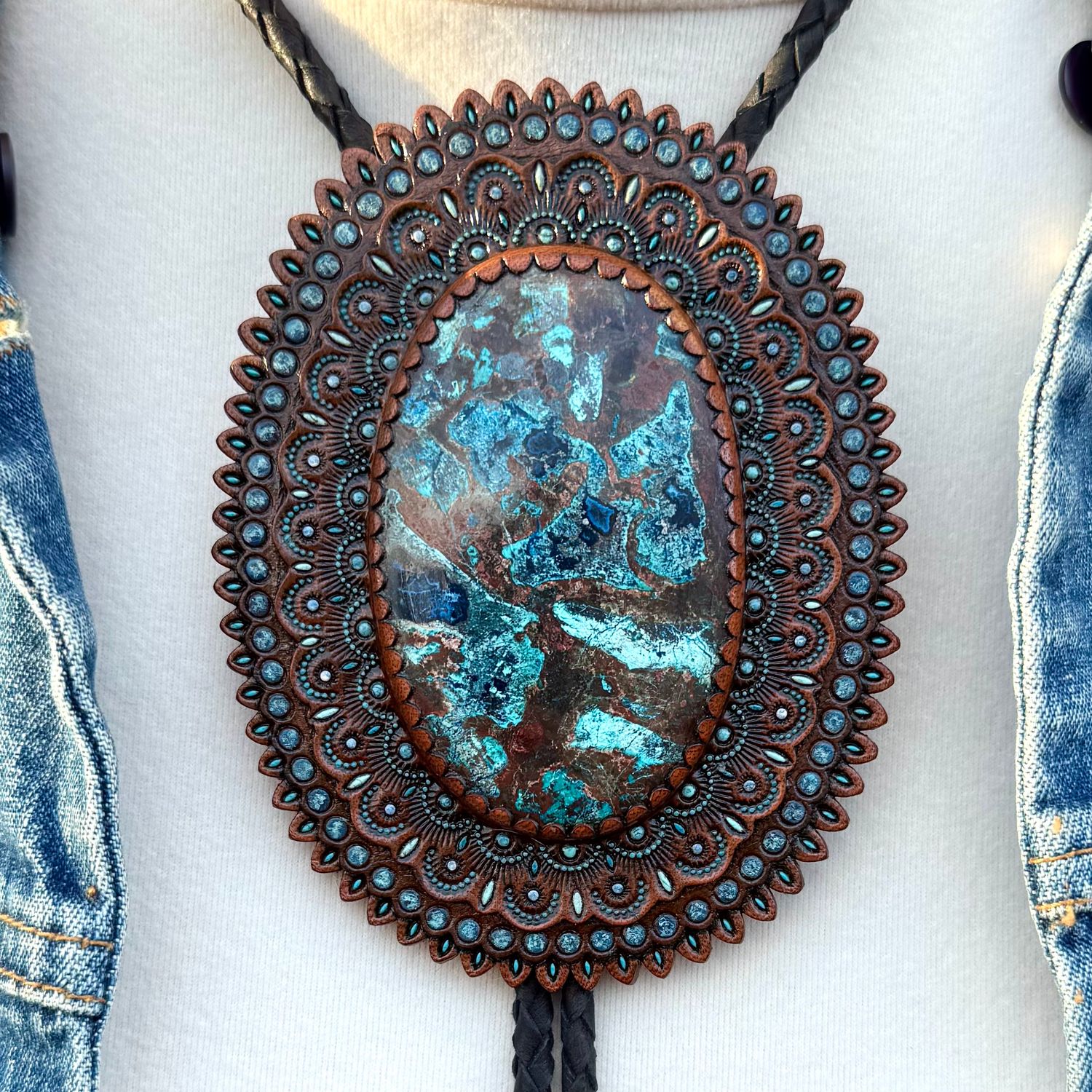 Hand Tooled Leather Boho Bolo Tie with Shattuckite, Western Style