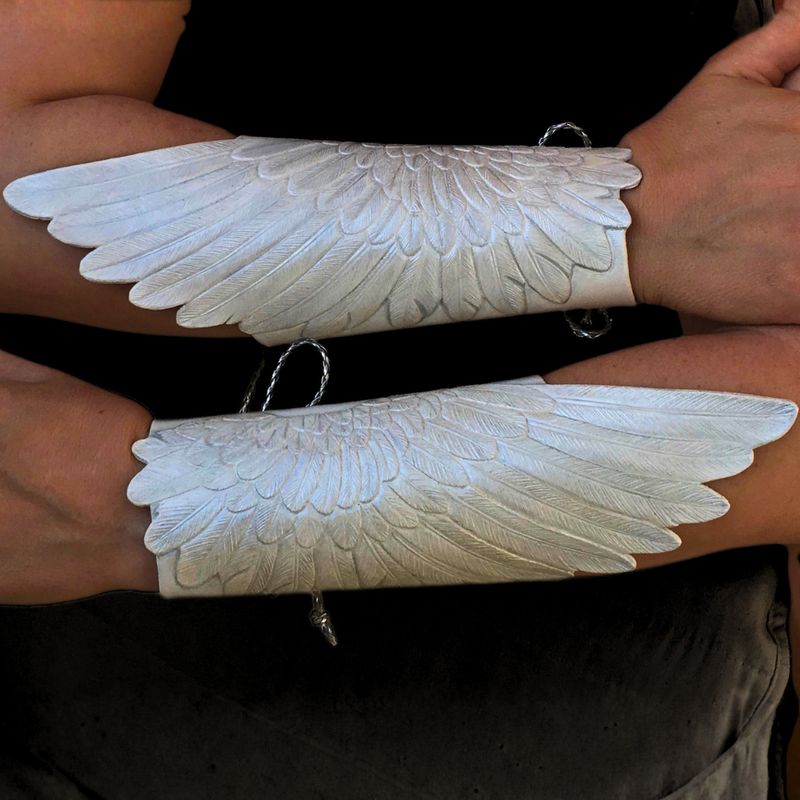 Tooled Leather Raven Wing Bracers / Cosplay Armguards with Silver Sheen