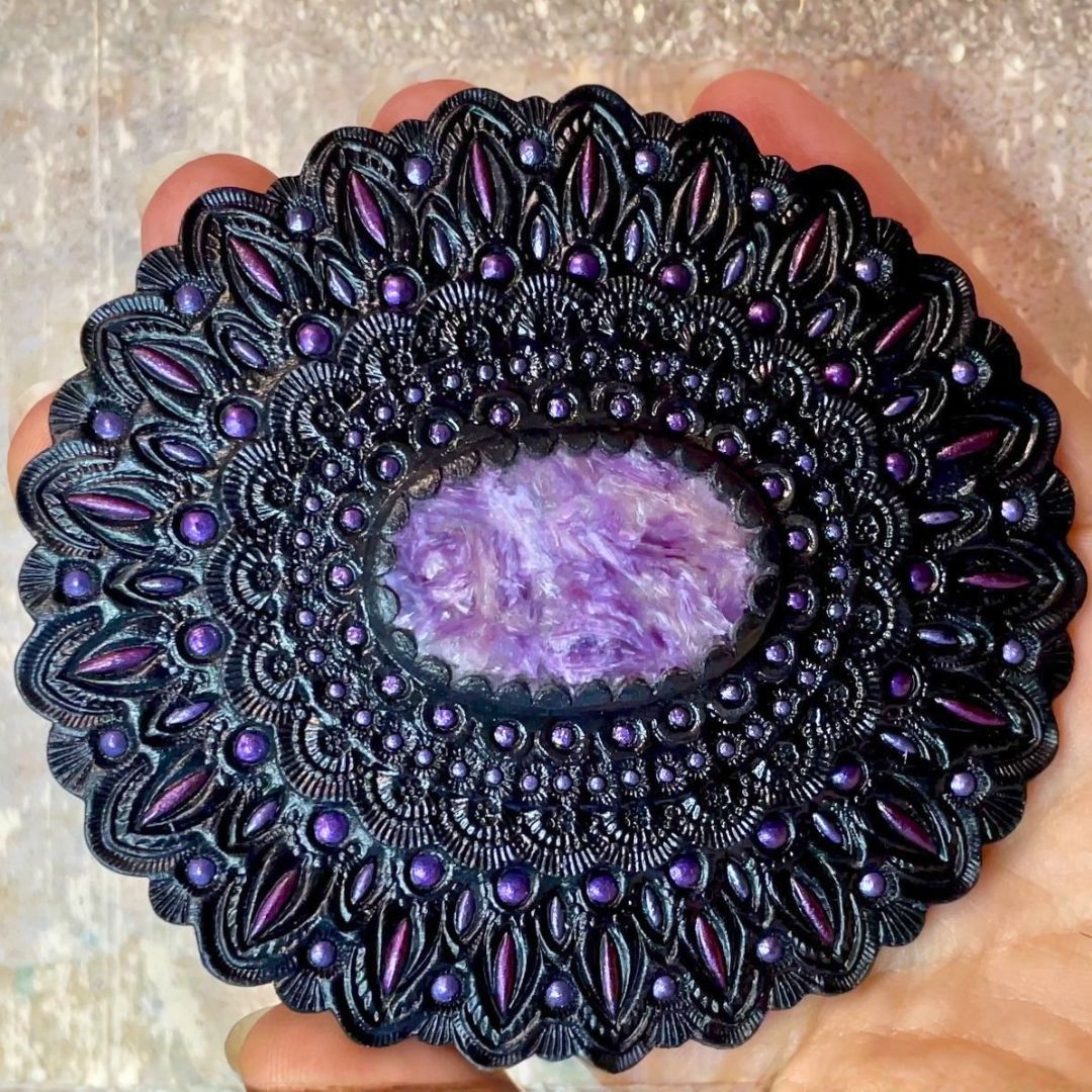 Tooled Leather Concho with Charoite