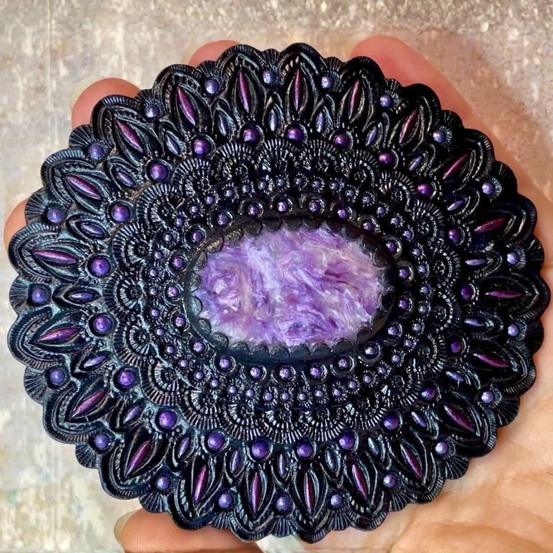 Tooled Leather Concho with Charoite