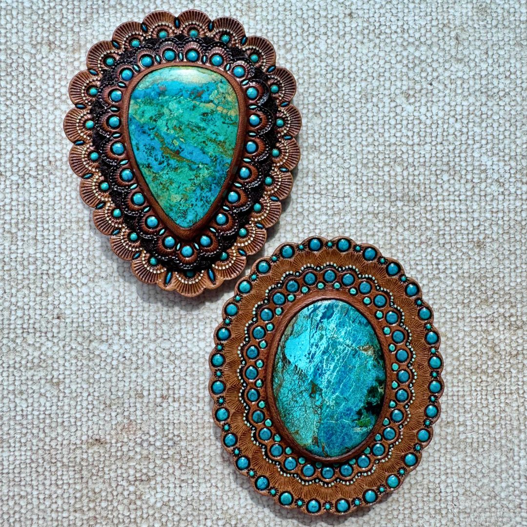 Tooled Leather Concho with Chrysocolla