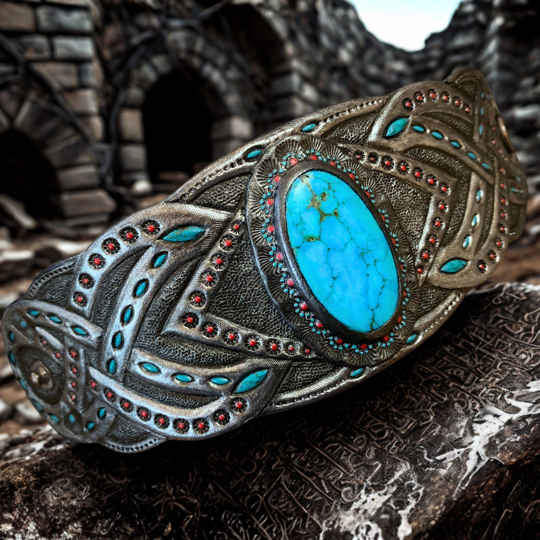 Hand Tooled Leather Cuff Bracelet: Western Boho Turquoise Jewelry