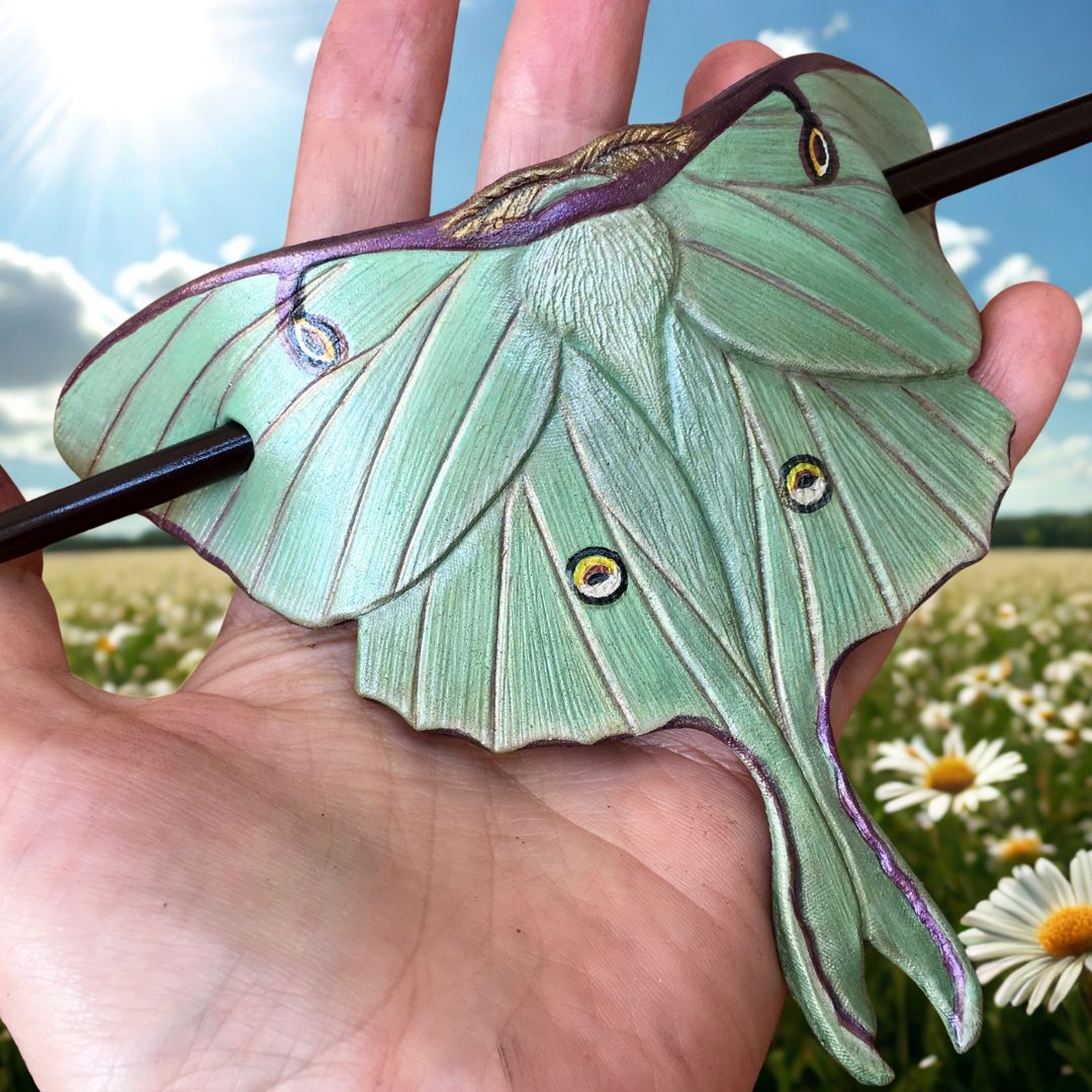 Large Tooled Leather Luna Moth Hair Barrette with a Stick