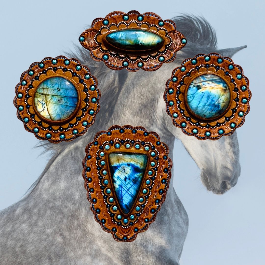Tooled leather horse tack conchos with blue labradorite