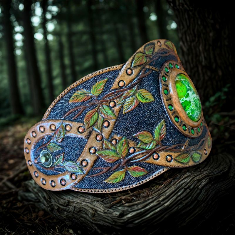 Tooled Leather Boho Bracelet with Sea Sediment Jasper