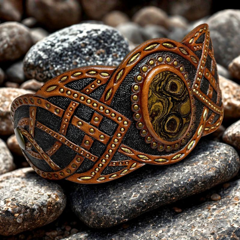 Tooled Leather Boho Bracelet with Stromatolite