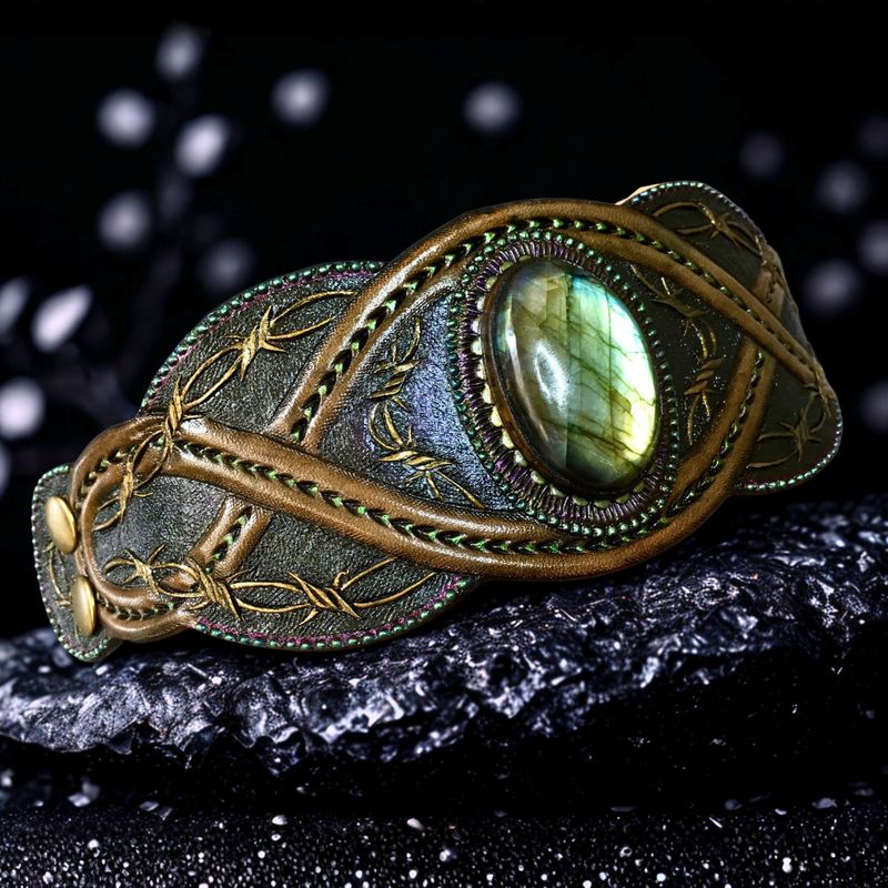 Tooled Leather Cuff Bracelet with Labradorite and Carved Barbed Wire
