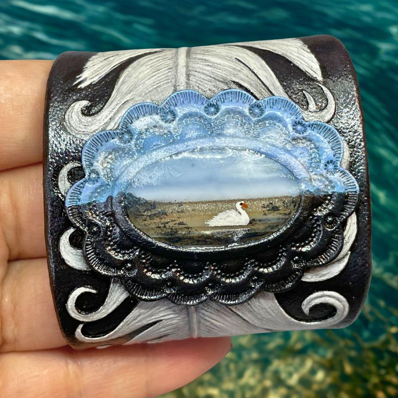 Tooled Leather Boho Bracelet with Blue Opal