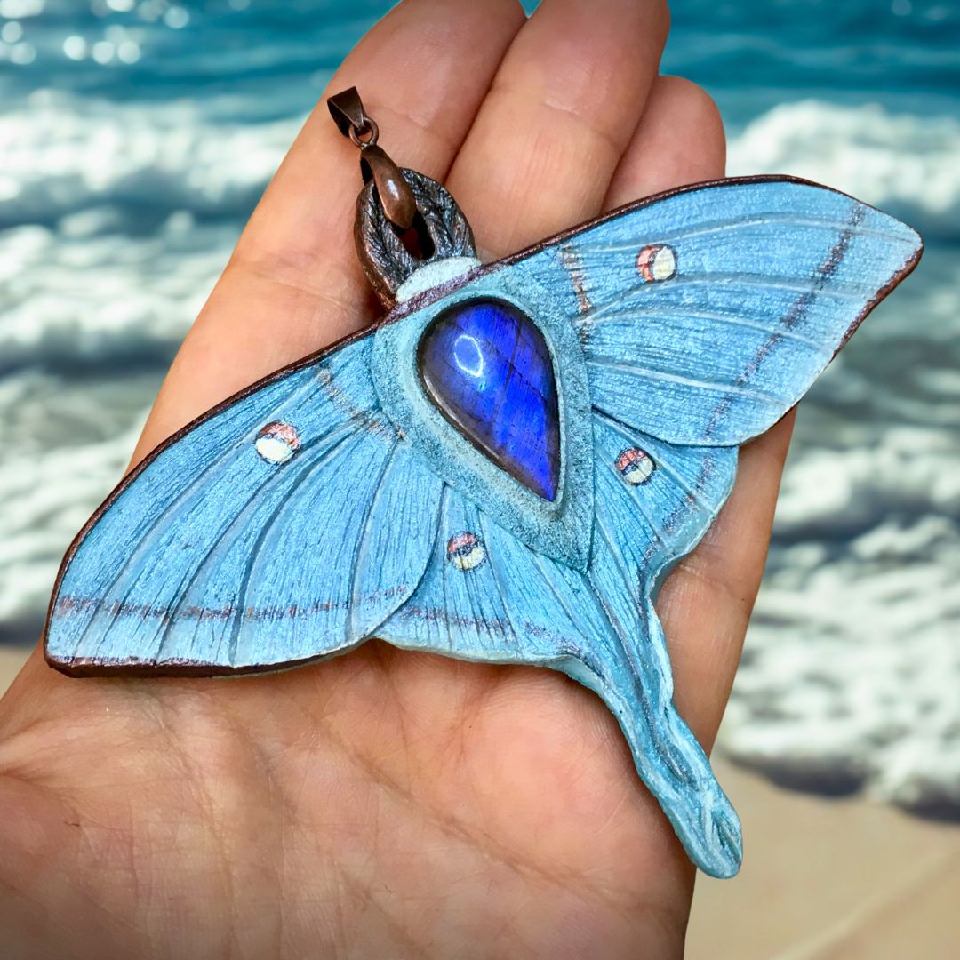 Tooled Leather Fantasy Luna Moth Pendant with Labradorite